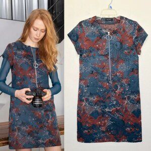 Cop.Copine Wasat Robe Astrology Space Shift Dress Half Zip Blue Red Women's 38 M